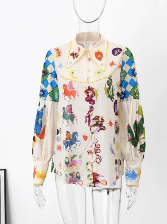 Elegant Graphic Printed Bubble Long Sleeve Blouse