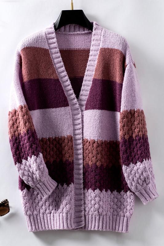 Cardigan lavorato a maglia con scollo a V e maniche a lanterna multicolore