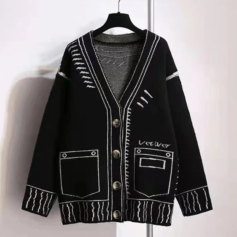 Loose Streetwear Y2K Graphic Printed Long Sleeves V-Neck Cardigan