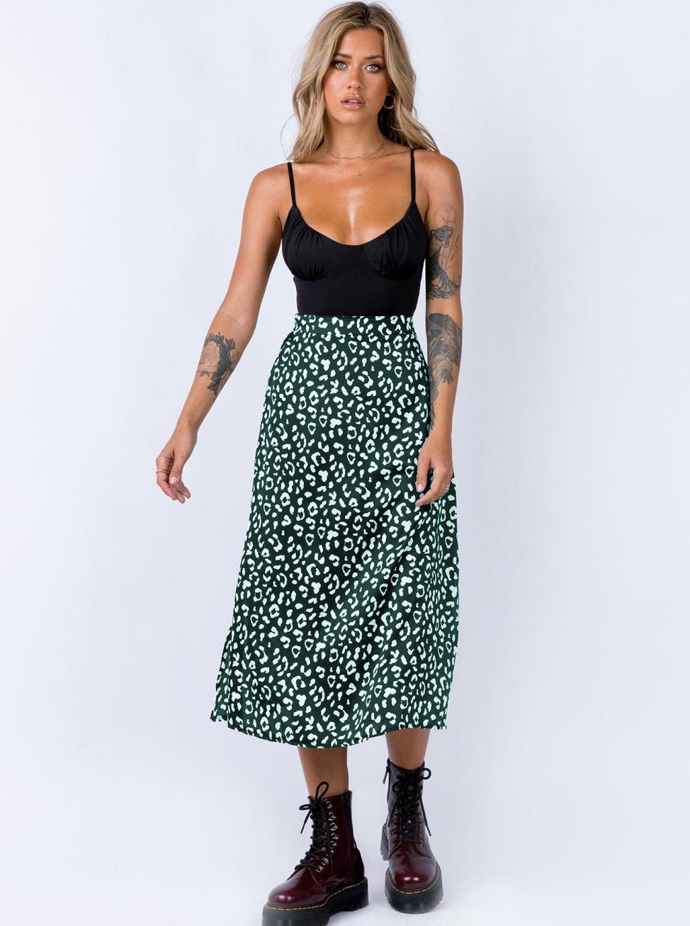 Leopard Print Chiffon High Waist Slit Skirt