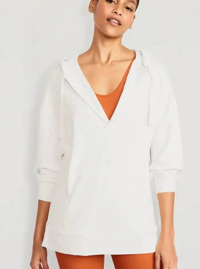 White Oversized Deep V-Neck Hooded Sweatshirt