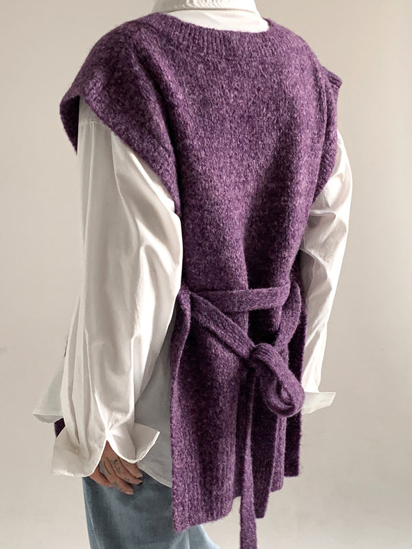 Gilet di lana con cintura viola