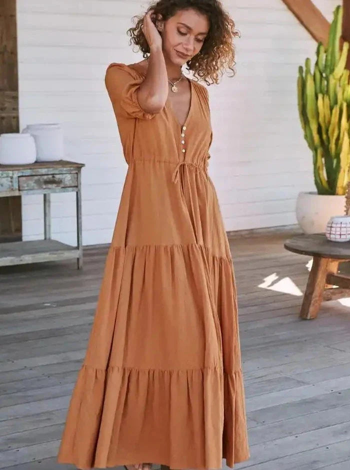 Boho Maxikleid , Lässiges Kleid mit Knopfleiste und V-Ausschnitt,