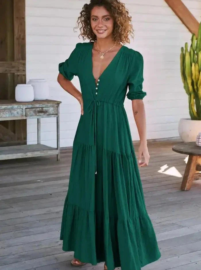 Boho Maxikleid , Lässiges Kleid mit Knopfleiste und V-Ausschnitt,