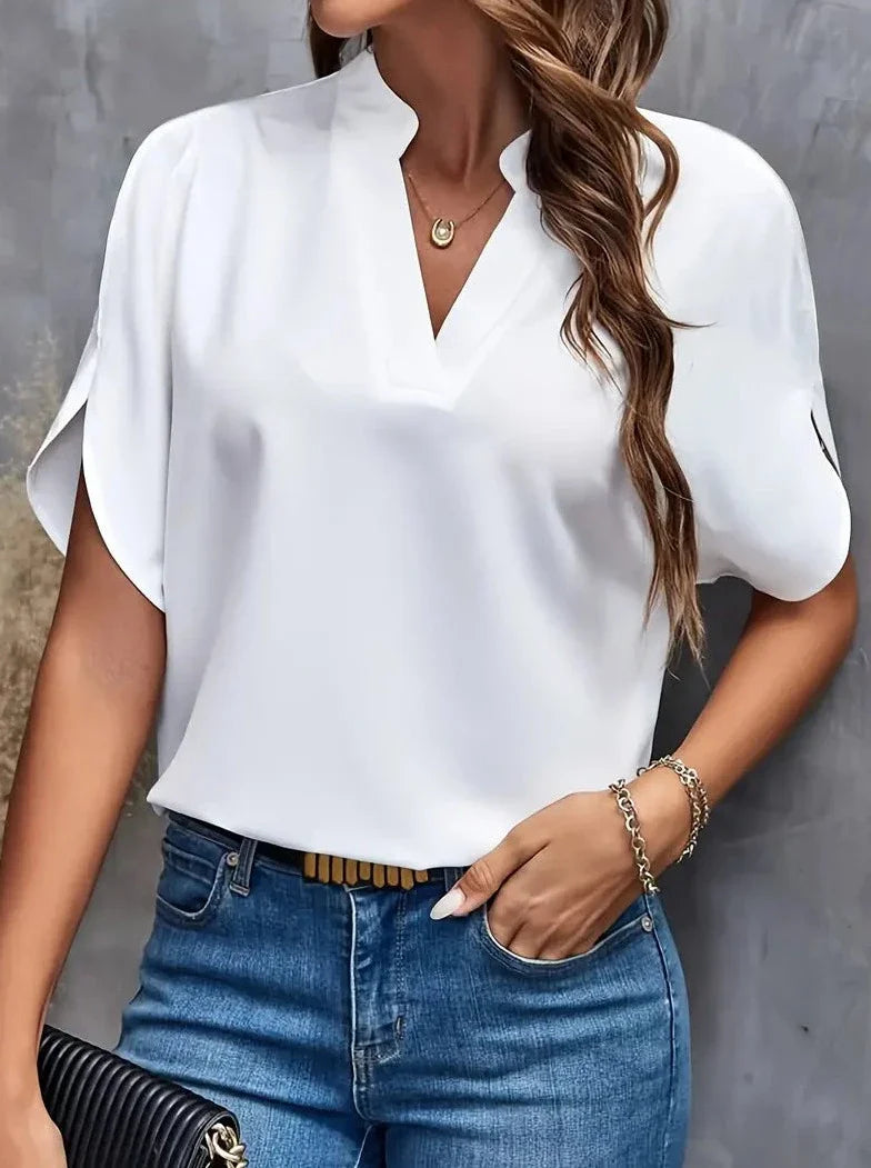 Elegant Short Sleeve Deep Notch V Neck Blouse