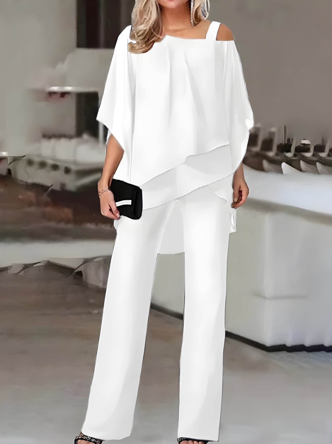 Luxurious Asymmetric Off The Shoulder Blouse & Pants Set