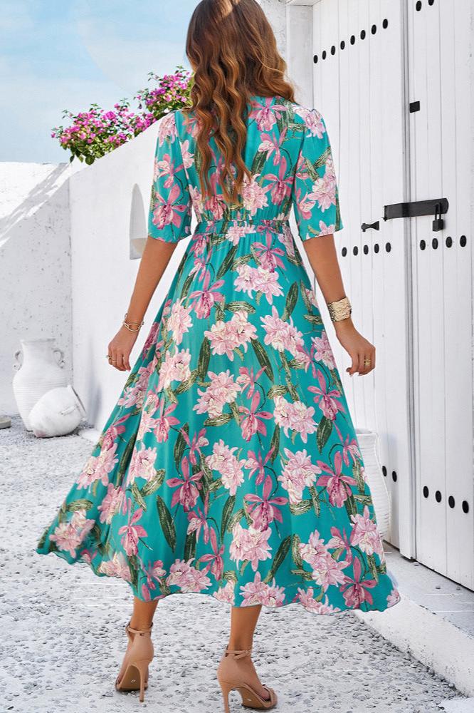 Green Chic Summer Floral V-Neck Side Slit Midi Dress