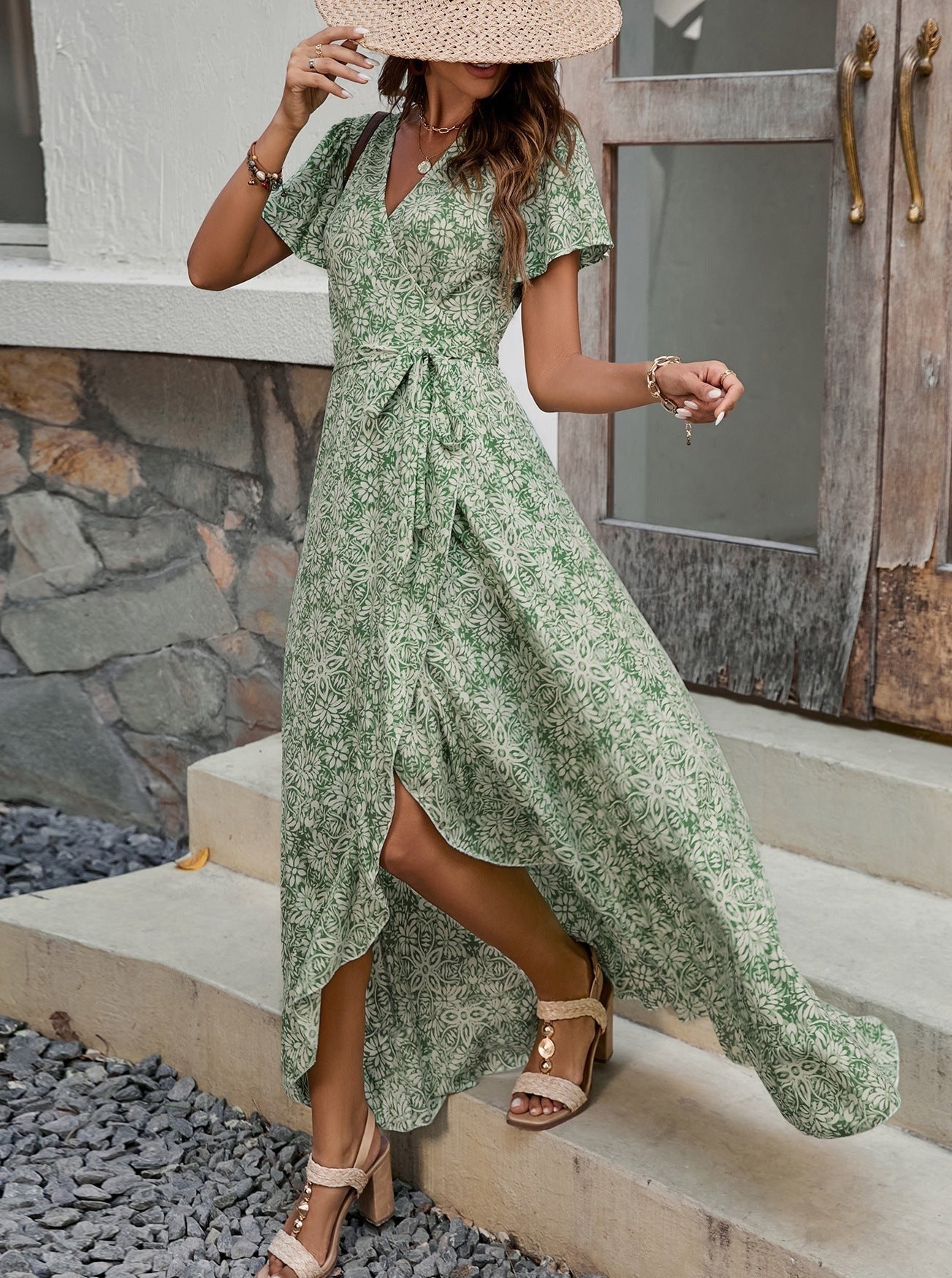 Floral V-Neck Slit Tie Waist Maxi Dress