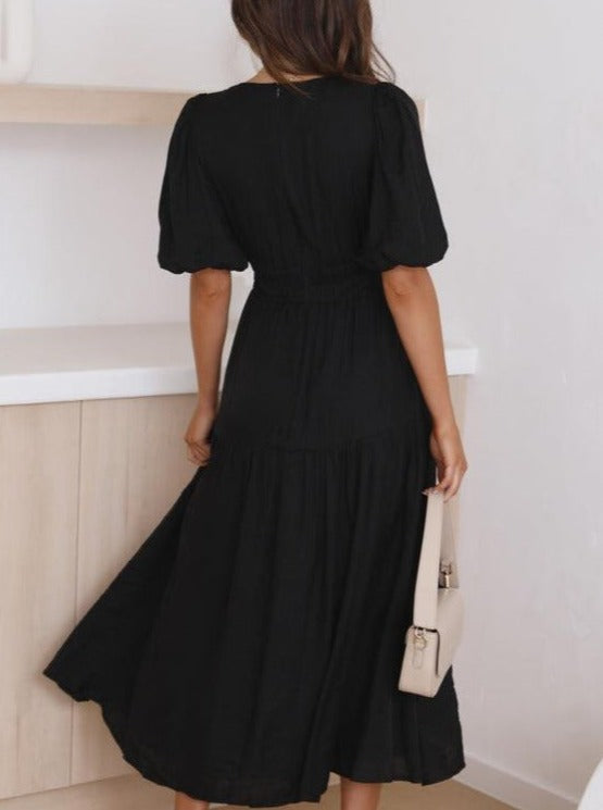 Solid Color Fluff Sleeve V-Neck Pleated Dress