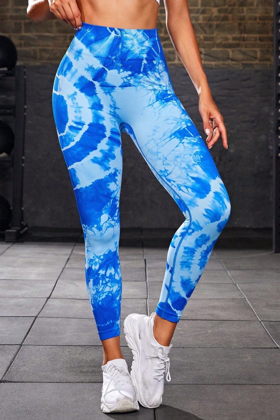 Pantaloni da yoga a vita alta tie-dye blu senza cuciture 