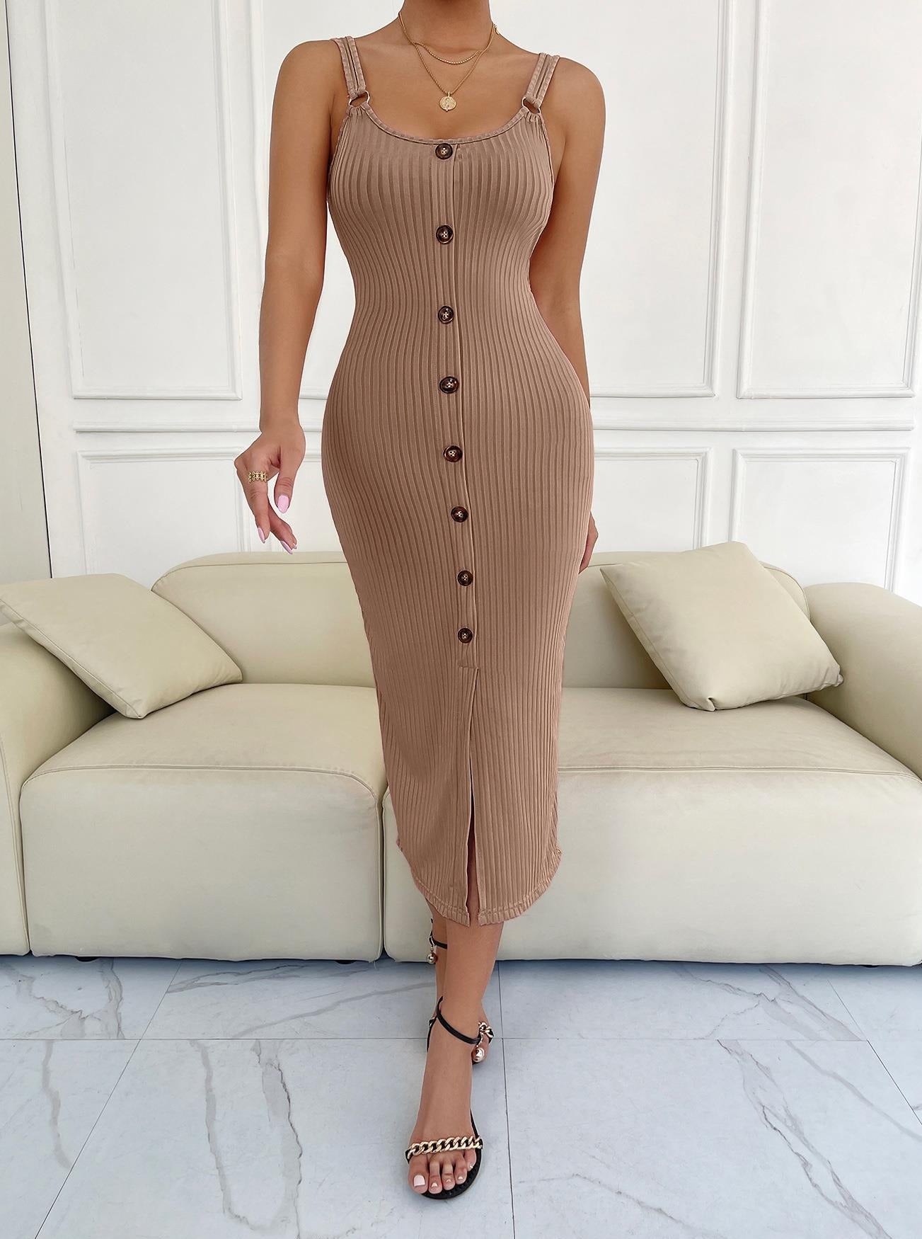 Casual Decorative Button Slit Sweater Dress