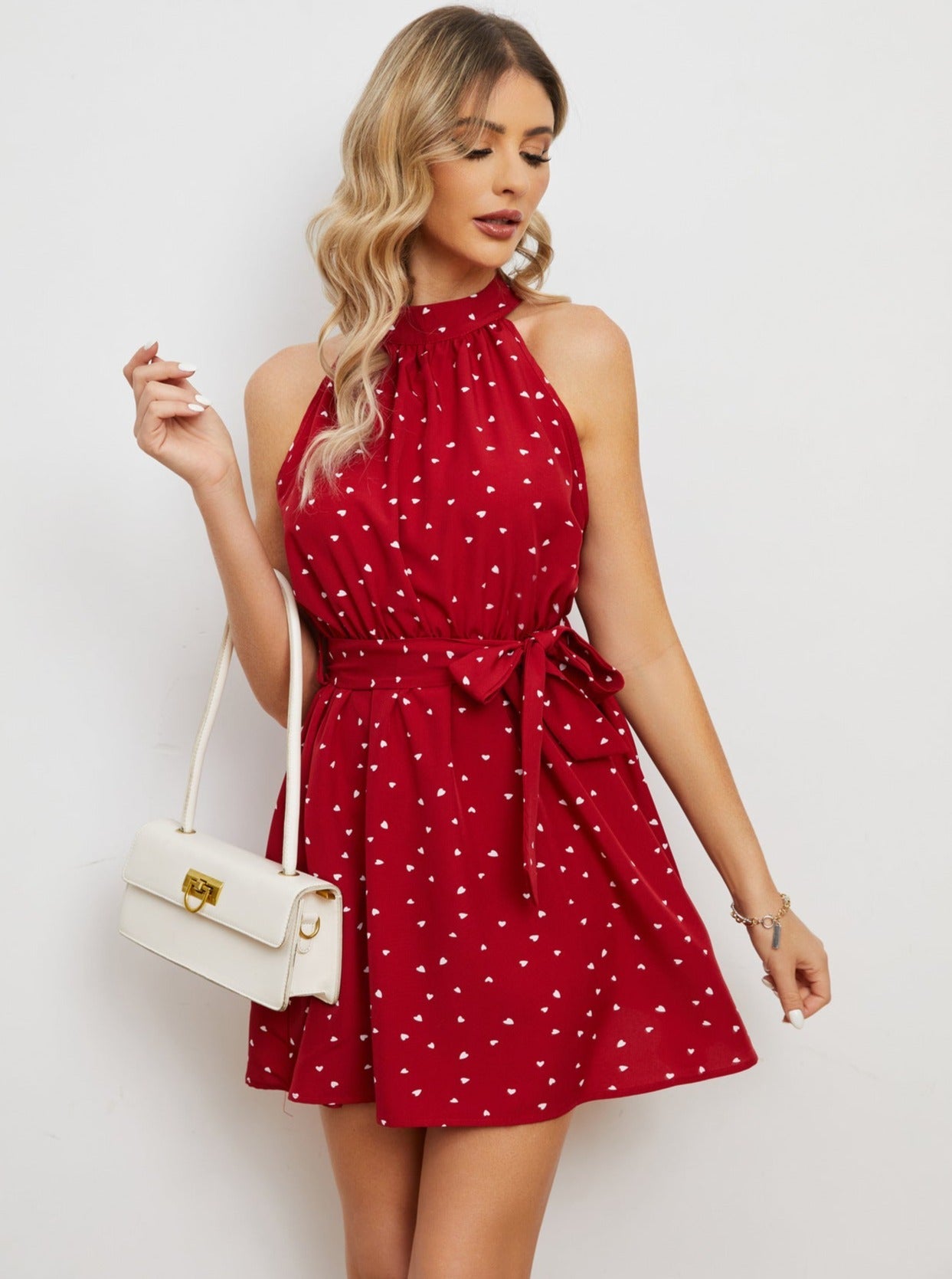 Heart Printed Tie Waist Halter Neck Dress