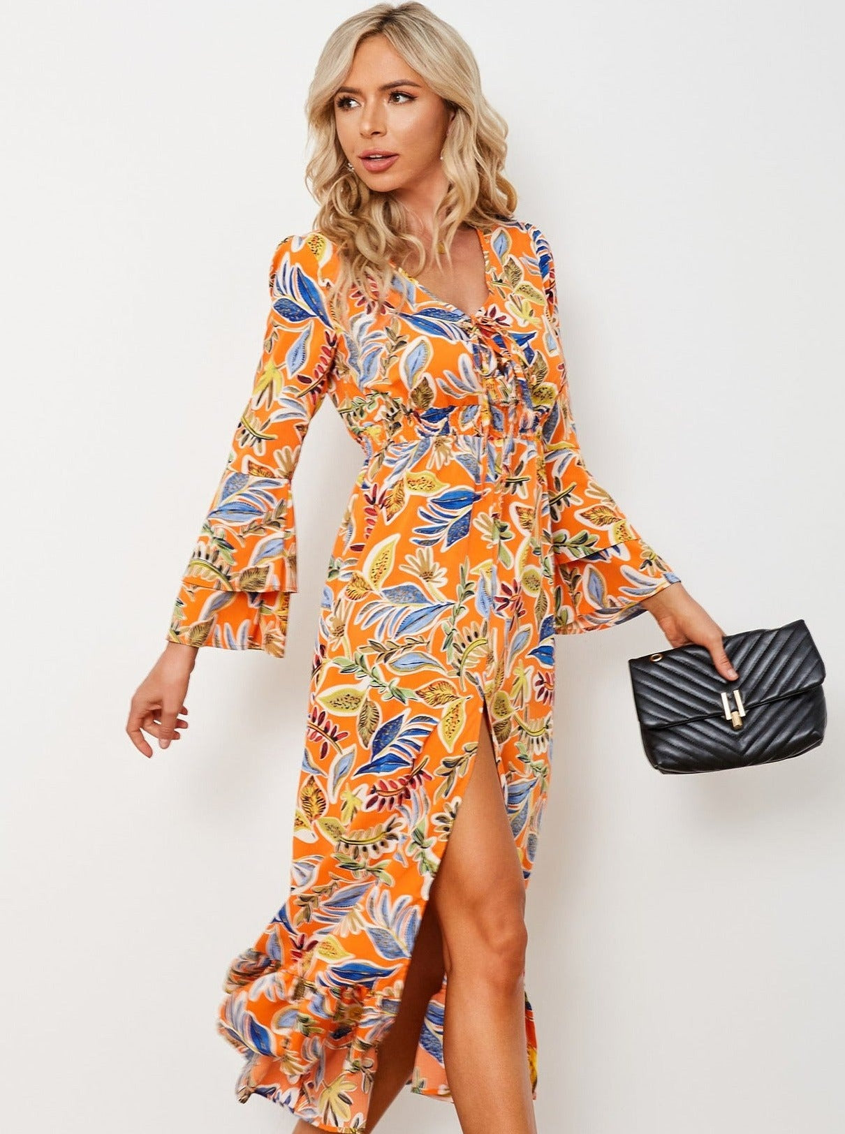 Long Sleeve Front Sling Long Dress