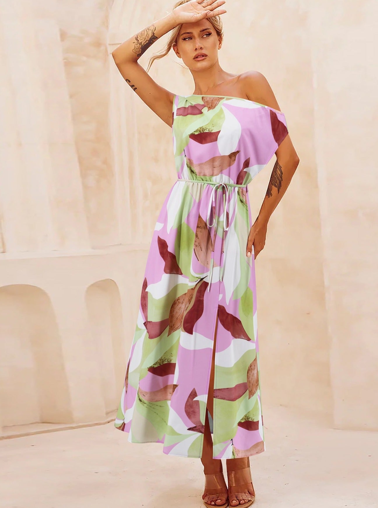 Floral Print Slant Shoulder Belted Long Dress