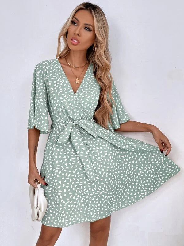 V-Neck Overall Printed Half Sleeve Dress