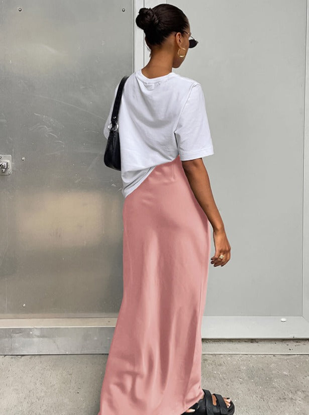 Elegant Plain Colored Satin Maxi Skirt