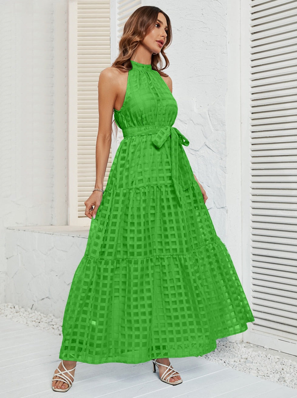 Green Halter Mesh Belted Maxi Dress