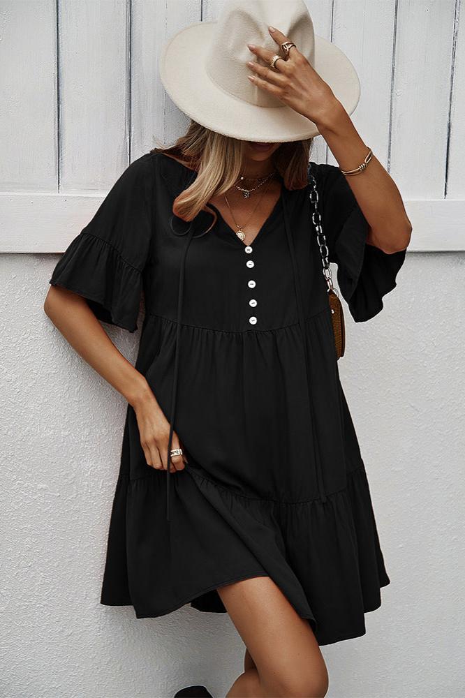 Black Sexy Frill V-Neck Drawstring Tie Smock Dress