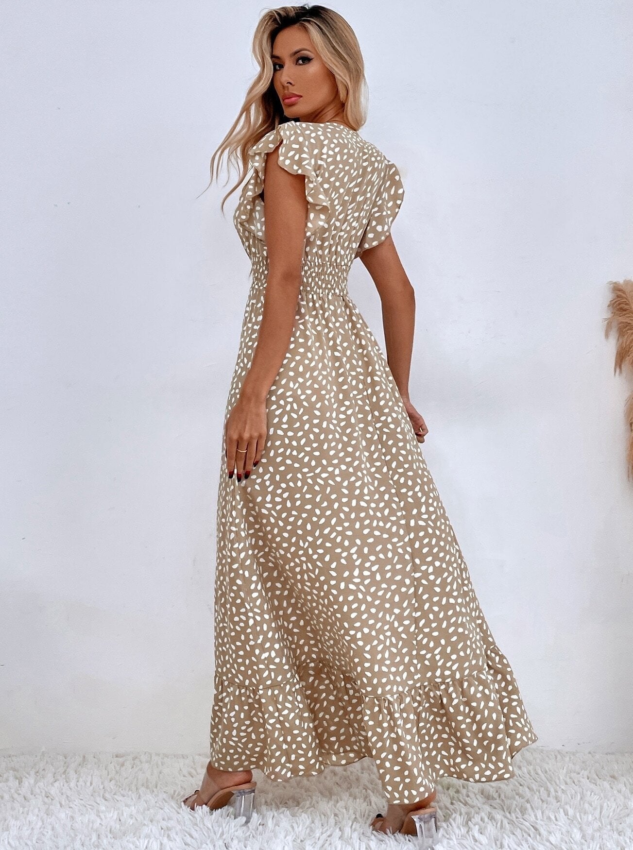 V-Neck Butterfly Sleeve Allover Print Maxi Dress