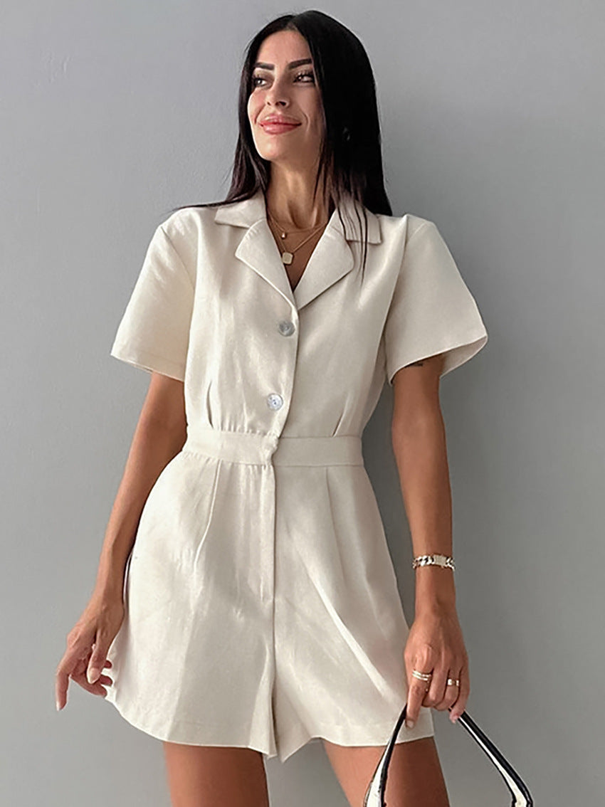 Casual Beige Short Sleeve Buttoned Rompers