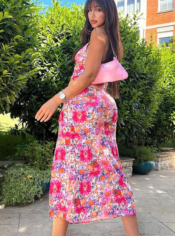 Sexy Floral Printed Revealing Slit Sundress