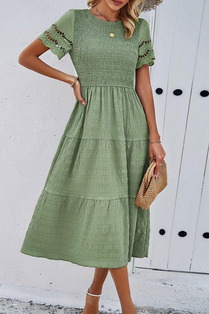 Casual Solid Crochet Lace Sleeve A-Line Midi Dress