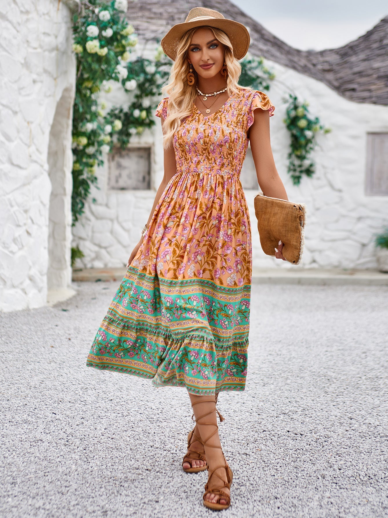 Abito slim casual a vita alta con pieghe floreali Boho 