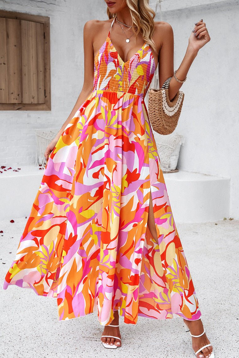 Classy Red V-Neck Halter Floral Maxi Dress