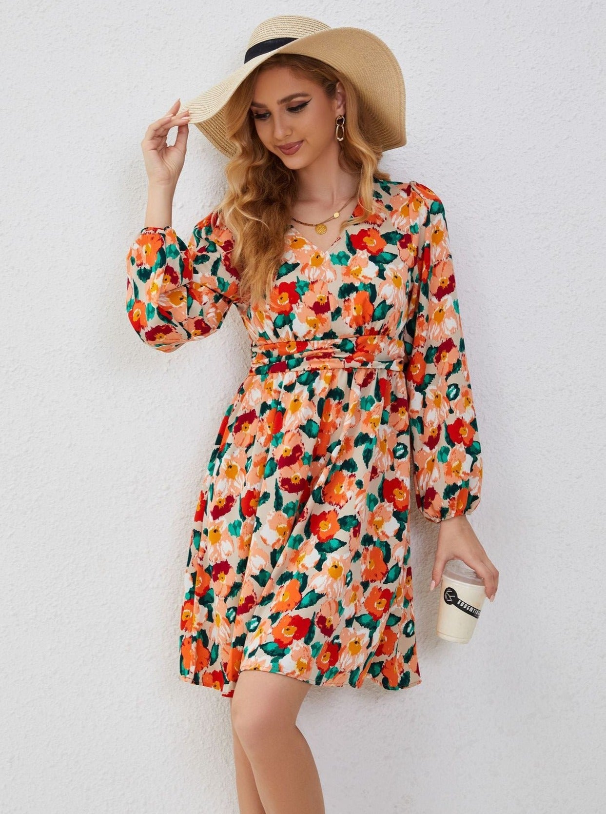 V-Neck Multicolor Floral Print Long Sleeve Mini Dress