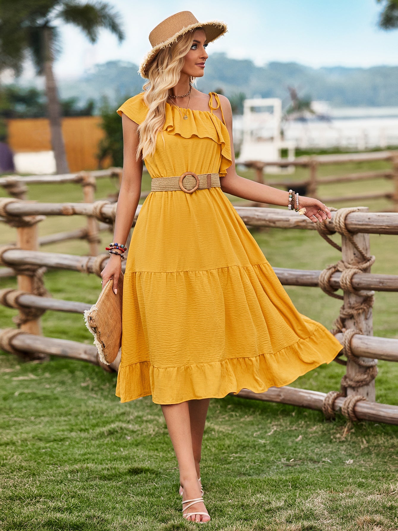 One Shoulder Solid Color Ruffled Layered Dress