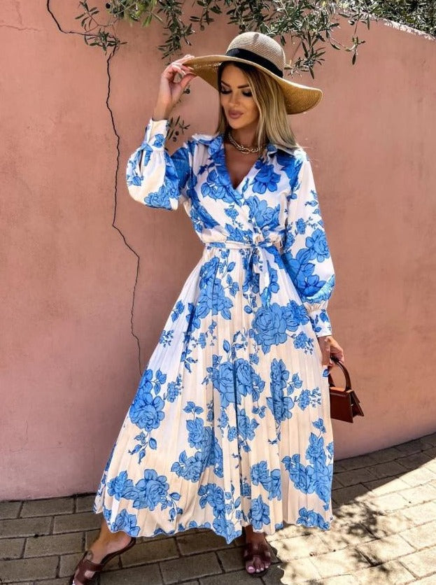 Floral Printed Tie Waist Long Sleeve Maxi Dress