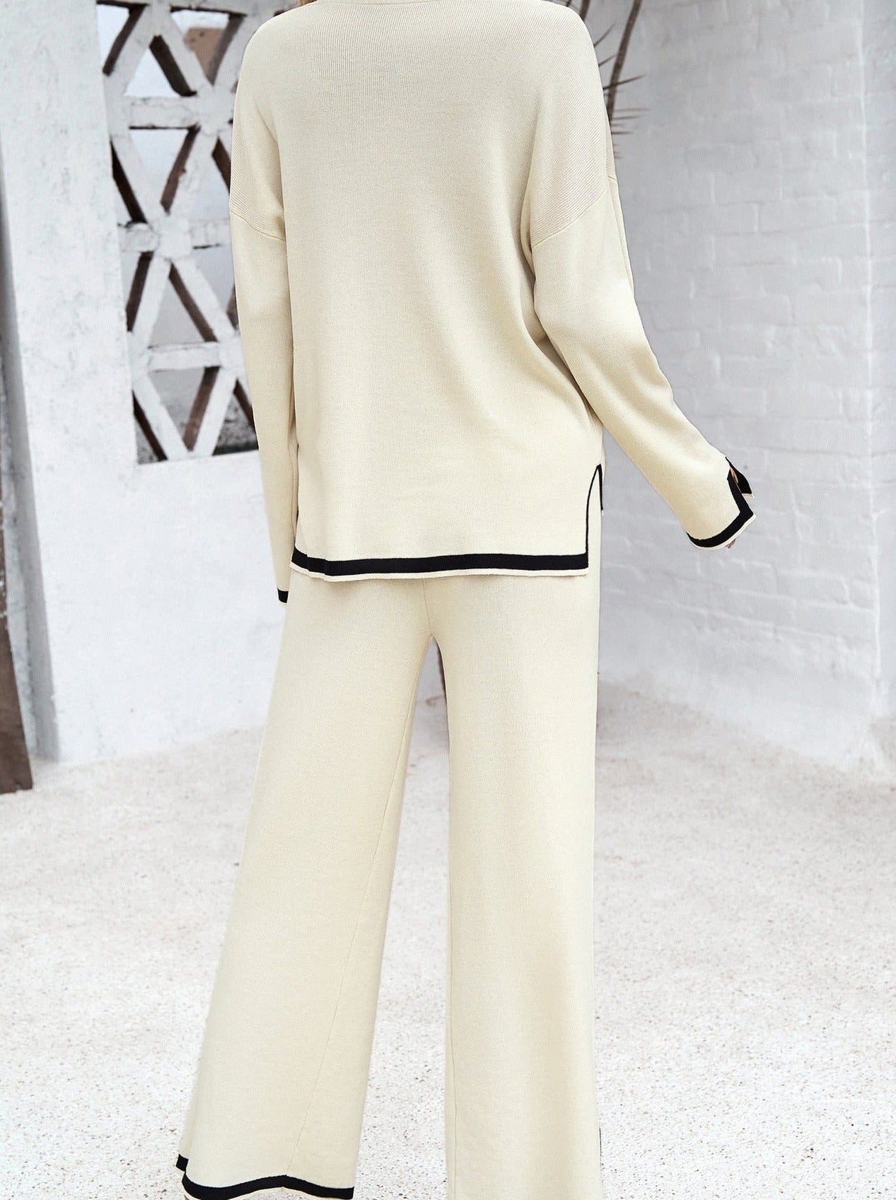 White Knitted Long-Sleeve Shirt and Small Slit Long Pants Suit