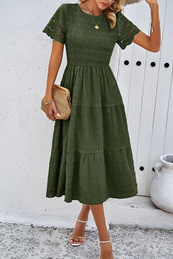 Deep Green Casual Solid Crochet Lace Sleeve A-Line Midi Dress