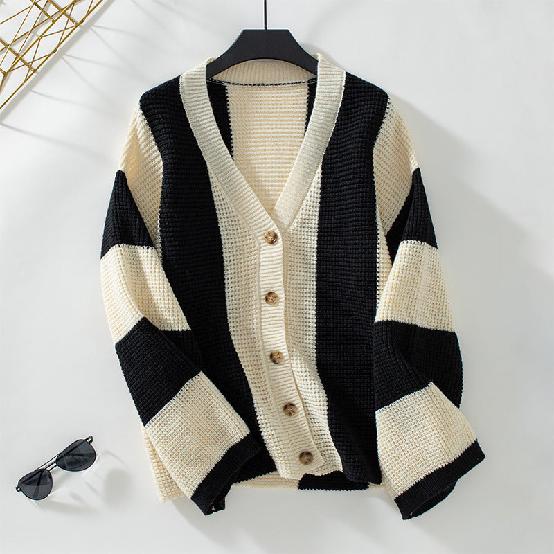 Cardigan elegante a righe con scollo a V e bottoni, a maniche lunghe 