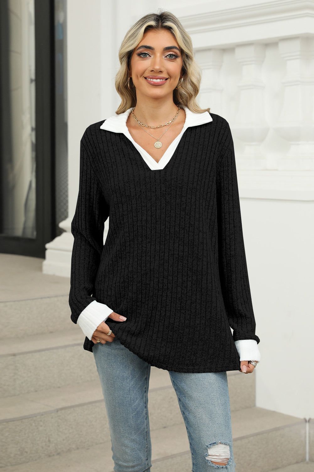 Damen Pullover mit Kragen, Langarm Strickpulli, Eleganter V-Ausschnitt, Freizeitmode