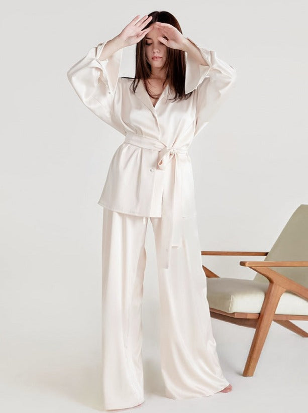 Elegant Two Piece French V-Neck Nightwear Wide Leg Pants