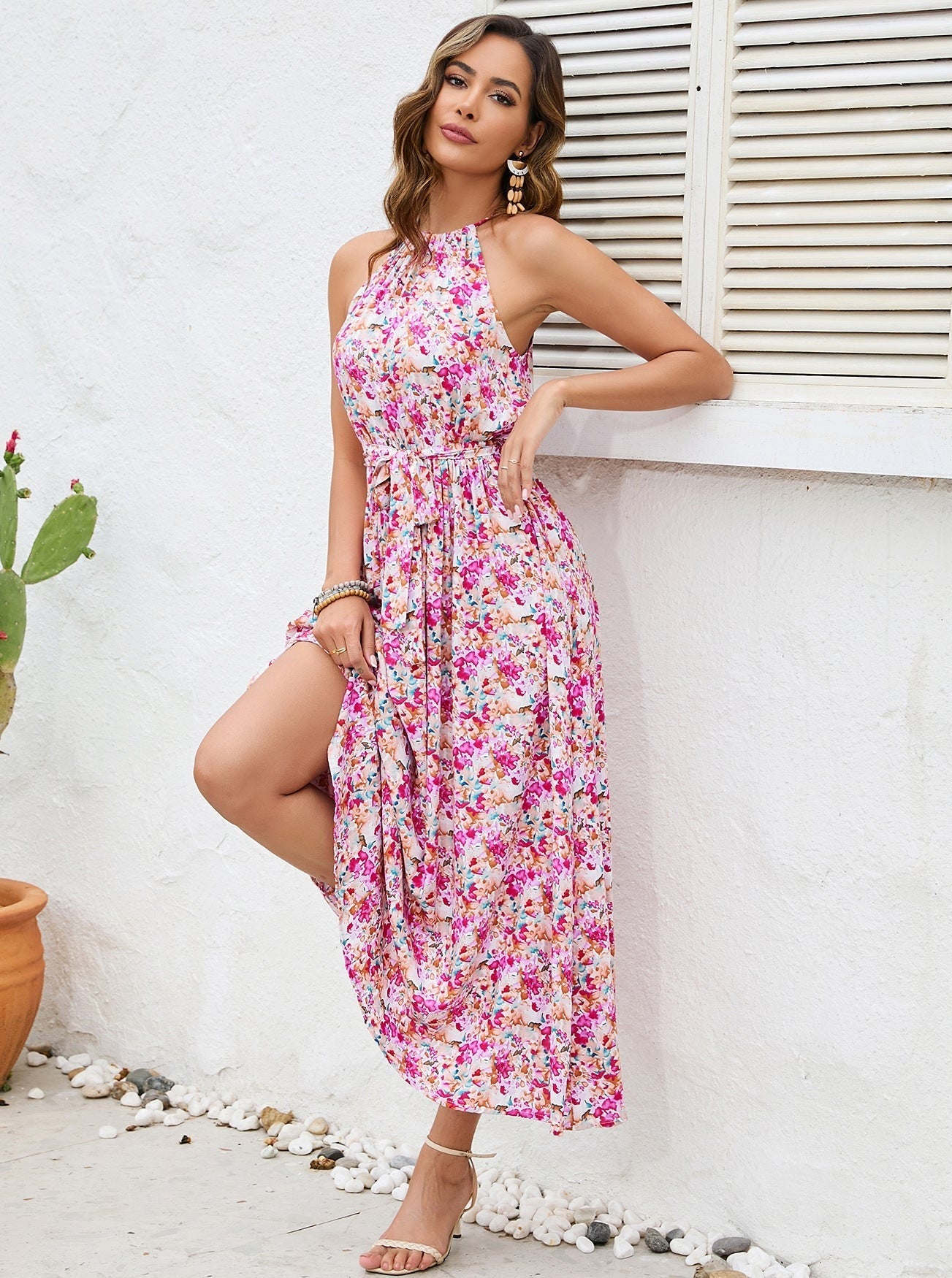 Pink Floral Tie Waist Halter Dress