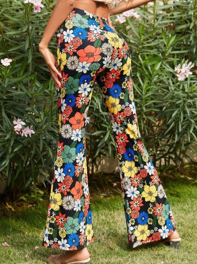 Trendy Floral Printed Tight-Fitting Bell Bottom Pants