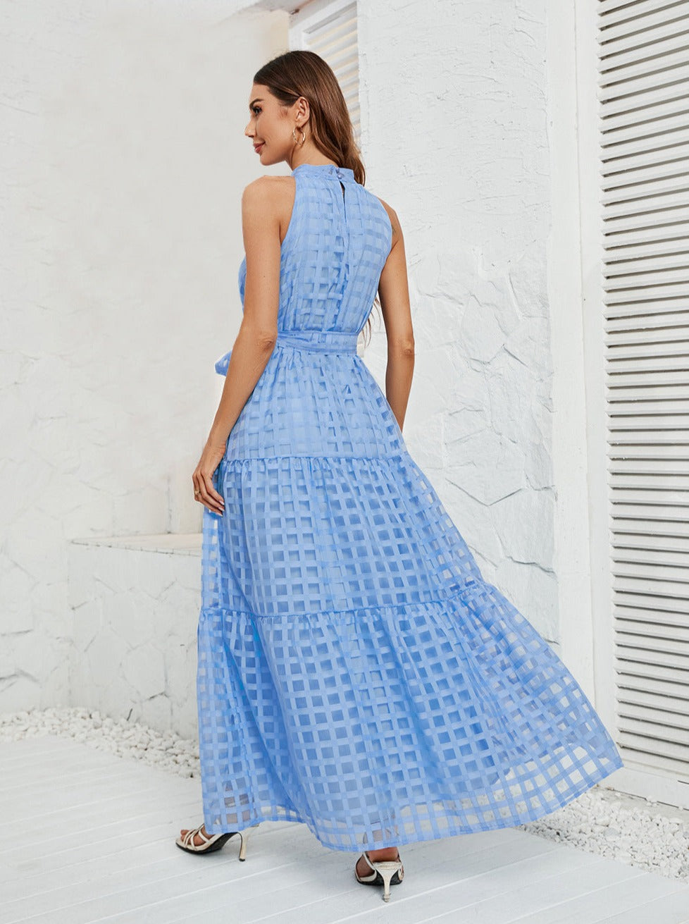 Blue Halter Mesh Belted Maxi Dress