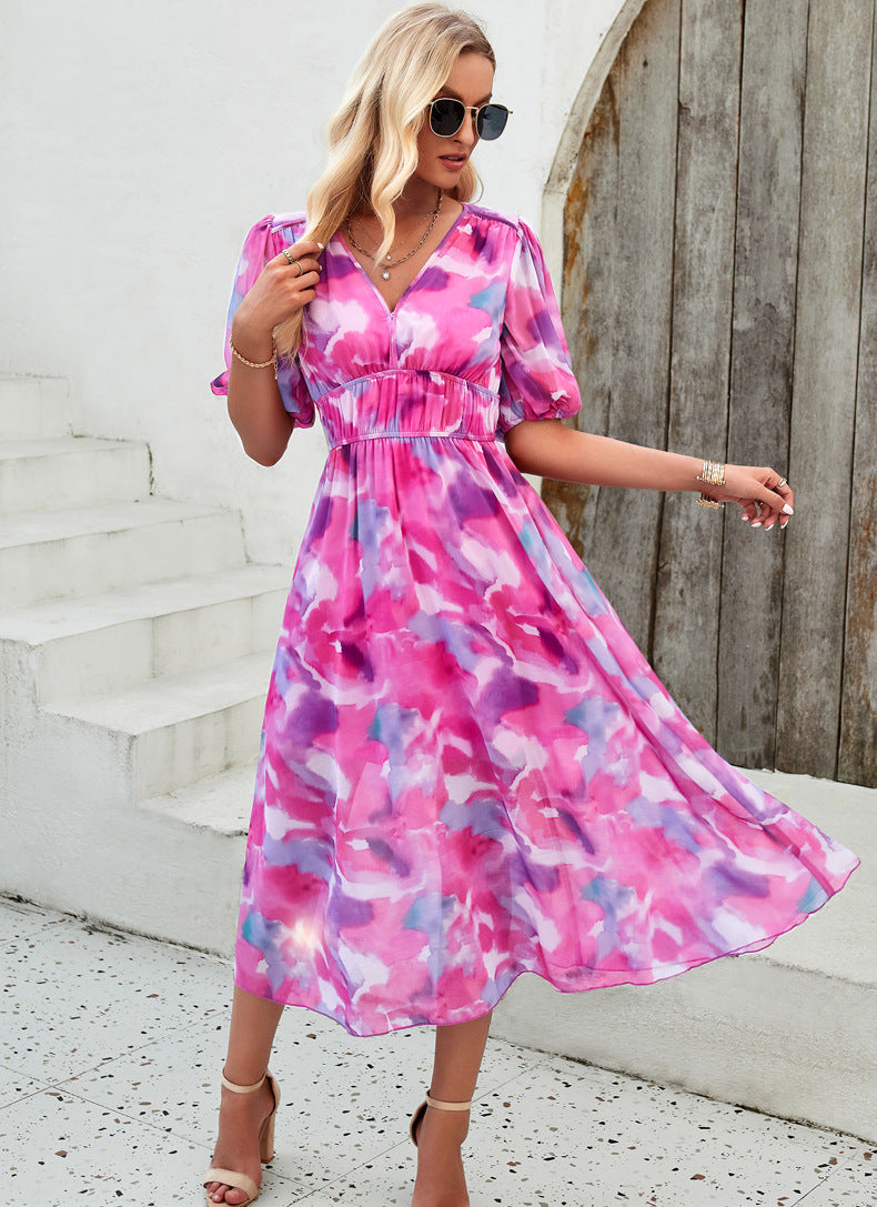 Casual Pink V-Neck Printed High Waist Long Dress