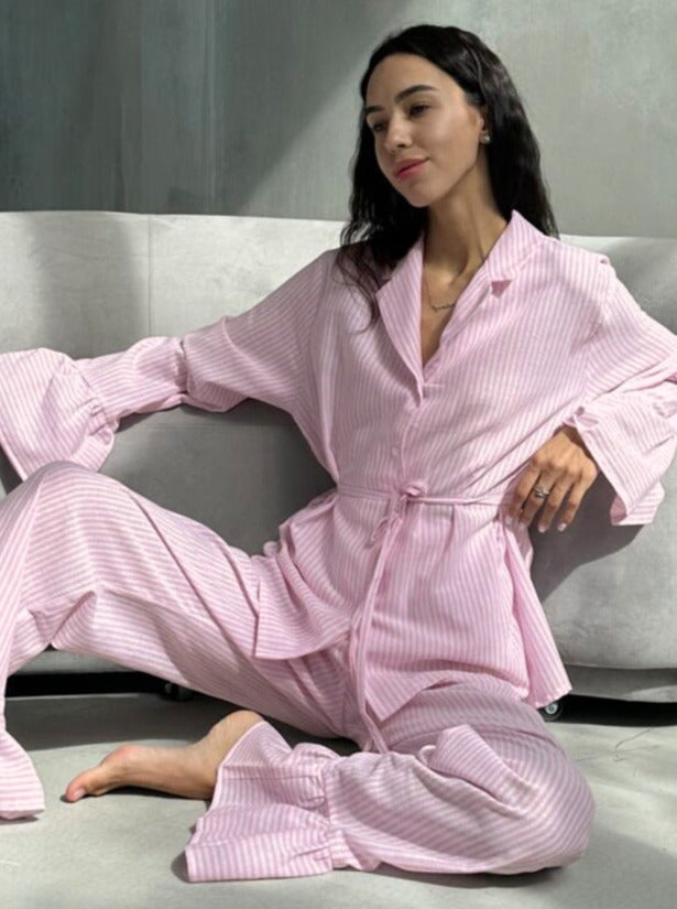 Pink Ruffled Striped Long-Sleeves Pajama Set