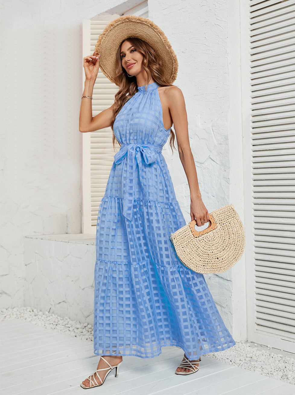 Blue Halter Mesh Belted Maxi Dress