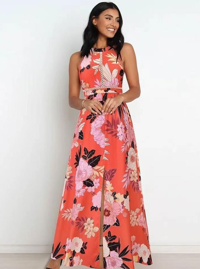 Floral Printed Halter Neck Racer Back Maxi Dress