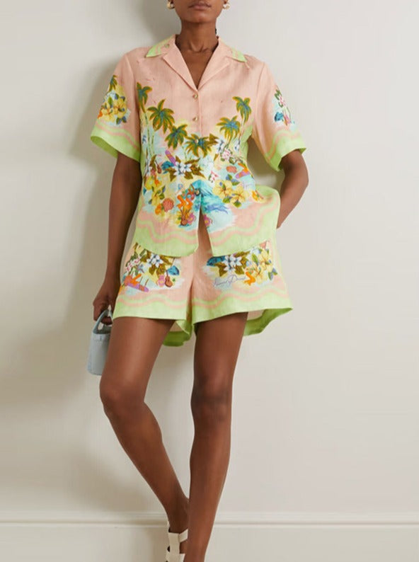 Casual Tropical Printed Shorts Set