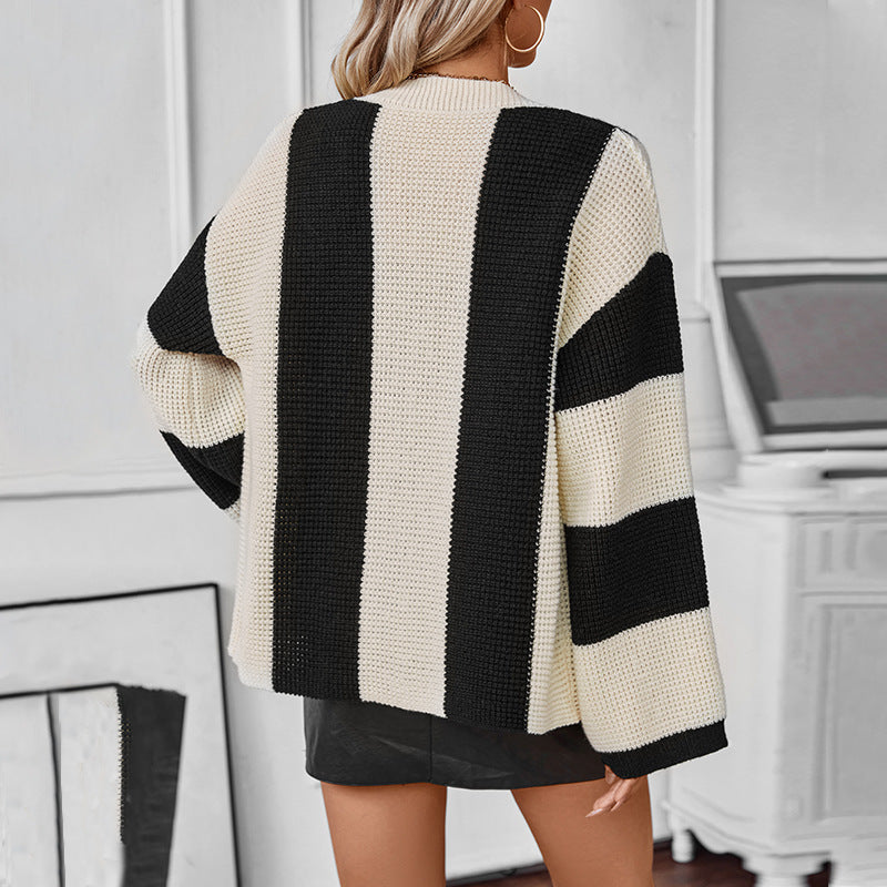 Classy V-Neck Buttoned Stripes Long Sleeve Cardigan