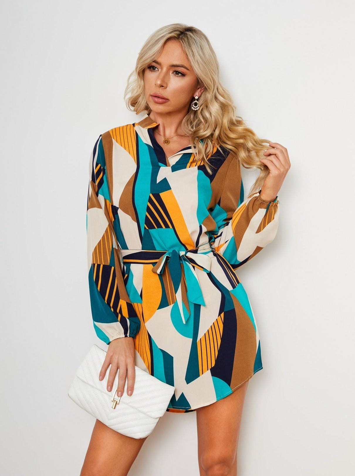 Multicolor Colorblock Tie Waist Long Sleeve Mini Dress