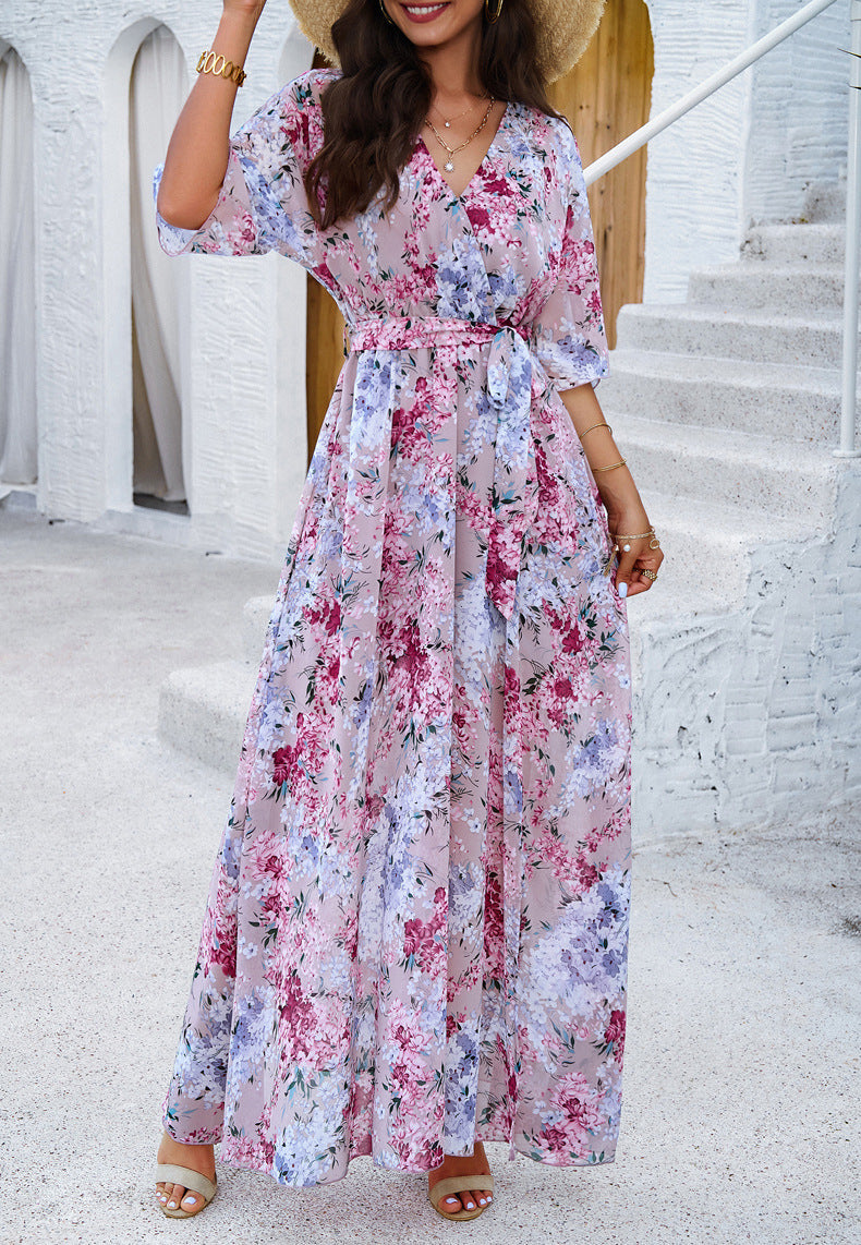 Purple Floral Printed V-Neck Pleated Dress