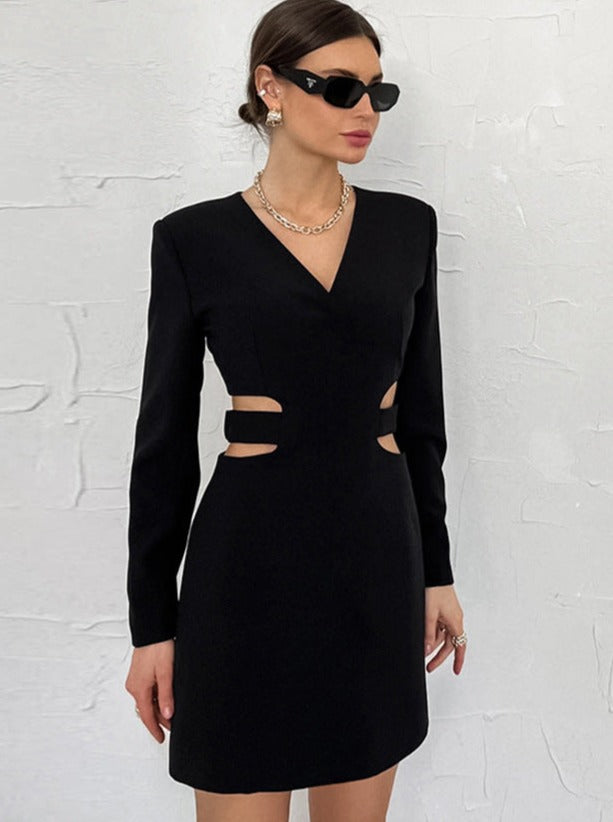 Elegant Black Long Sleeve V-Neck Waist Cut-Out Mini Dress