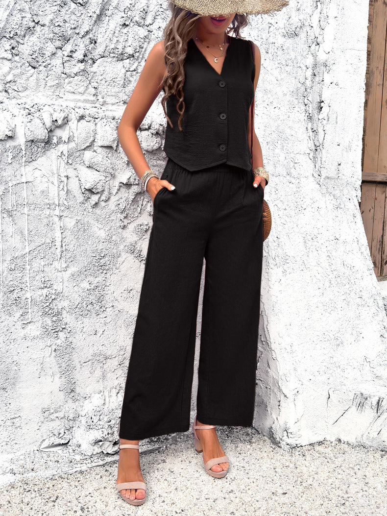 Black V-Neck Buttoned Vest Casual Set Suit