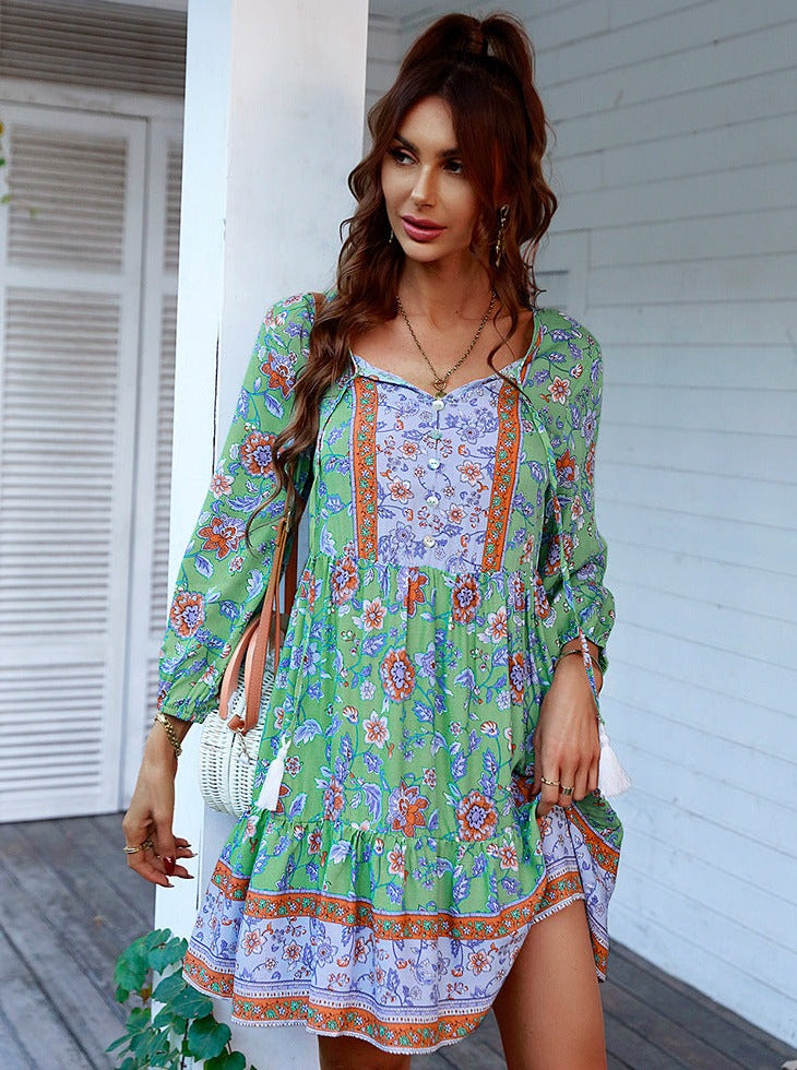 Casual Floral Tassel Tie Flowy Beach Mini Dress